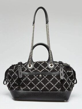 Chanel Black/White Diamond Stitch Tweed Crest Trip Bowling Bag